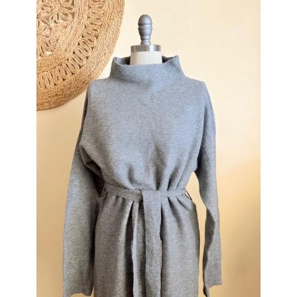 A New Day Gray Knit Sweater Dress Belted Mock Neck Long Sleeve Midi Size M NWOT - Picture 3 of 7